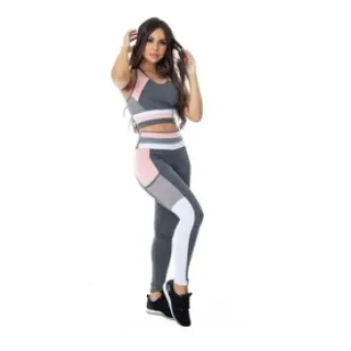 Top e Legging Fitness com Tela e Bolso - Conjunto C79 - Preto neon