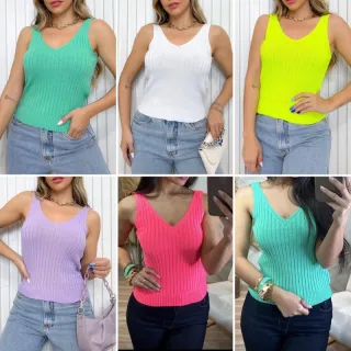 Moda feminina tricot fashion, regata canelado verão tricô - Laranja neon