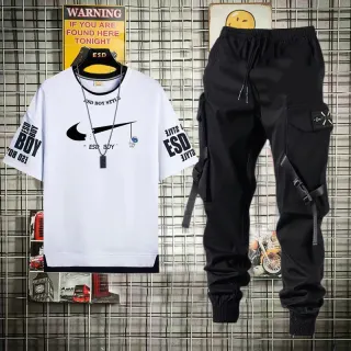 Conjunto Masculino Hip Hop + Calça Cargo Preta - Camiseta preta + calça preta