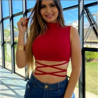 Promoção Blusinha Jade Malha Canelada Cropped Top Gola Alta - Preto