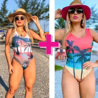 Moda Praia Feminino Kit 2 Maiôs Body Cavado Regata Costa Estampado Liso - 2  Tropical