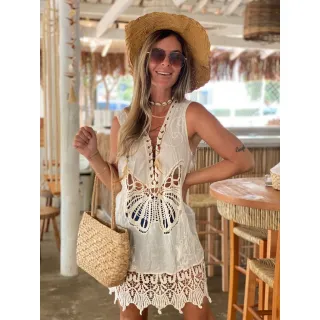 Blus Indiana Túnica Detalhes Bordado Saída de Praia Feminina - Bege