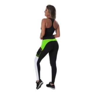 Top e Legging Fitness com Tela e Bolso - Conjunto C79 - Preto neon