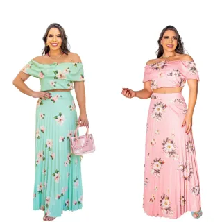 Moda Evangelica - Conjunto Longo Saia Plissada + Cropped Ombro a Ombro - Branco