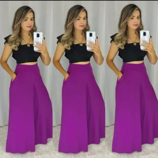 Pantalona Feminina em viscolinho P/M/G - vinho-sem cinto