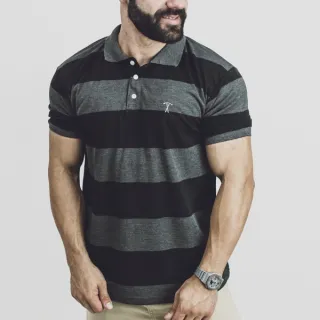 Chief Clothing - Camisa Polo Masculina de Malha Piquet Verão em 100% Algodão - Preto com Branco e Cinza