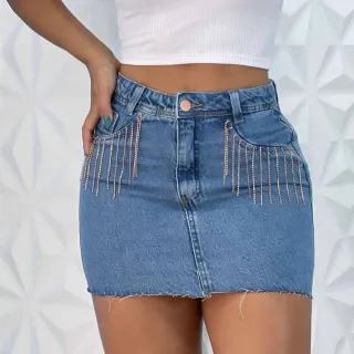Saia Jeans Desfiada com Brilho e Zíper - Barra Mini Bolso - Azul Claro