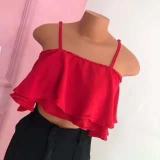 Moda Feminina 2023: Cropped com Camadas de Babados, Alça Gringa - Verde Militar (Air Flow)