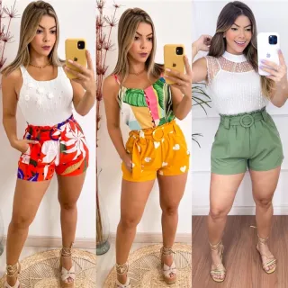 Estampada feminina verão: short crepinho com elastano - X217-AMARELO