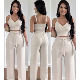 Calça pantalona e cropped feminino em alfaiataria duna areia - Rosa