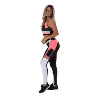 Top e Legging Fitness com Tela e Bolso - Conjunto C79 - Preto neon