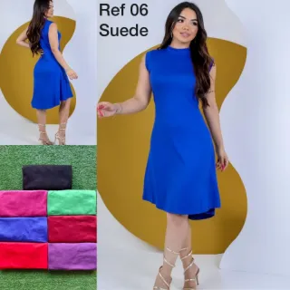 Moda evangélica social: vestido midi sem mangas em suede, cores elegantes (EF) - Azul Céu