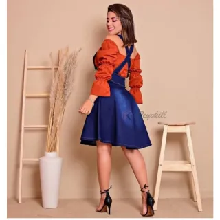 Moda Evangélica Jardineira Jeans Selena Salopete - azul-aço