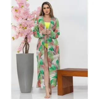 Moda 2022: Saída de Praia Estampada Manga Longa Olho Grego/Tropical - olho azul