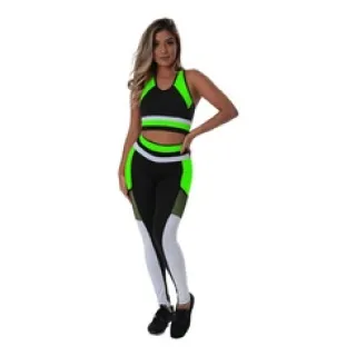 Top e Legging Fitness com Tela e Bolso - Conjunto C79 - Preto neon