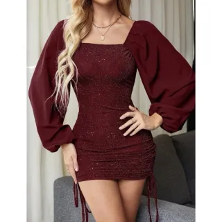 Curto Brilho Lurex Feminino Vestido Tule Colado Manga - Preto