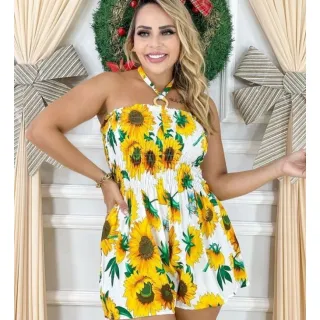 Elastec na cintura e busto, Macacão Curto Estampado Acinturado Balone - Bege Flores