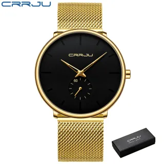 Marca Original Relógio Masculino CRRJU Ultra Fina Esportiva Negócios - preto prata