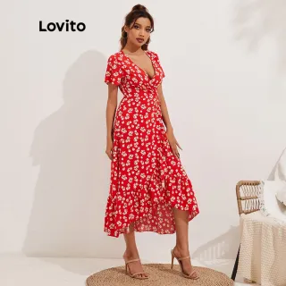 Vestido Boho Lovito Ditsy Floral Dividido com Babado L13X017 (Vermelho) - Vermelho