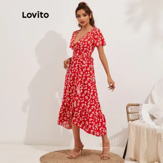 Vestido Boho Lovito Ditsy Floral Dividido com Babado L13X017 (Vermelho) - Vermelho