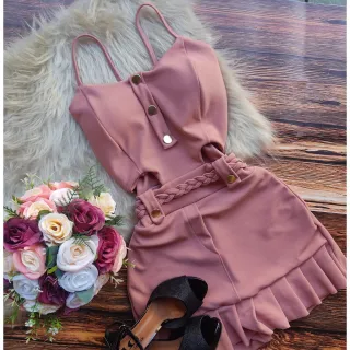 Bojo malha crepe saia feminino macaquinho com short - Vermelho