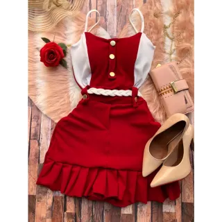 Princesa Macaquinho com Bojo e Elastano - Short Saia - Vermelho