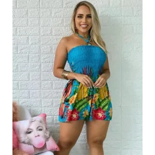 Elastec na cintura e busto, Macacão Curto Estampado Acinturado Balone - Bege Flores