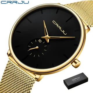Marca Original Relógio Masculino CRRJU Ultra Fina Esportiva Negócios - preto prata