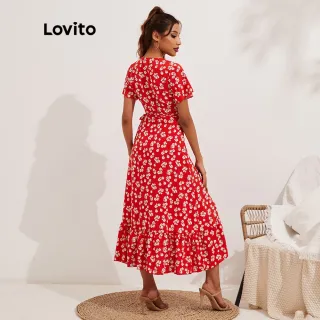 Vestido Boho Lovito Ditsy Floral Dividido com Babado L13X017 (Vermelho) - Vermelho