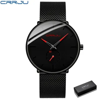 Marca Original Relógio Masculino CRRJU Ultra Fina Esportiva Negócios - preto prata