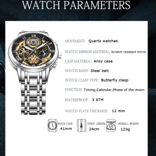 Relógio Automático LIGE Masculino - Moda Negócios Cronógrafos - Ouro Prata Preto + caixa