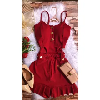 Bojo malha crepe saia feminino macaquinho com short - Vermelho