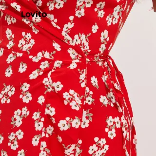 Vestido Boho Lovito Ditsy Floral Dividido com Babado L13X017 (Vermelho) - Vermelho