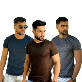 Leve Kit 3 Camisas Masculina Treino Academia - Camiseta Blusa - Marinho+Marrom+Cinza