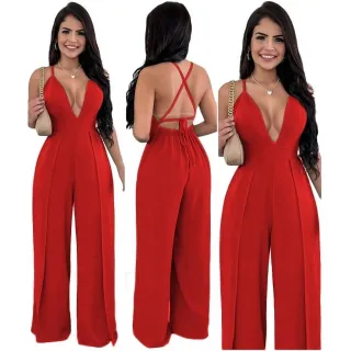 Macacão Social Feminino Decotado Alcinha Pantalona com 2 Fendas - AGUA