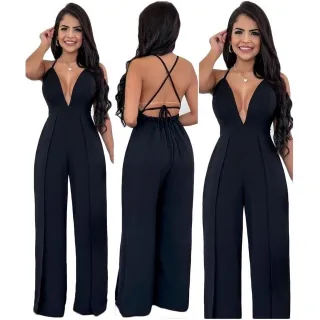 Macacão Social Feminino Decotado Alcinha Pantalona com 2 Fendas - AGUA