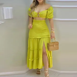 Vestidos de Verão com Flores, Ombros Longos e Forro - Amarelo