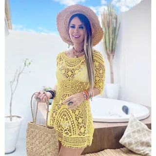 Moda Praiana Vestido Branco Crochê Boho Hippie - Azul Celeste