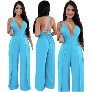 Macacão Social Feminino Decotado Alcinha Pantalona com 2 Fendas - AGUA