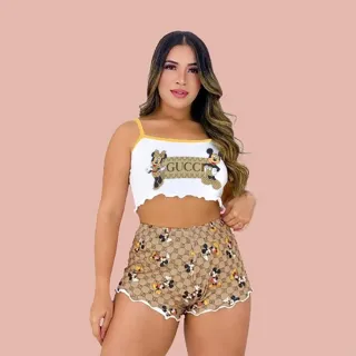 Luxo Cropped Personagens Verão Baby Doll Pijama Alçinha - Alçinha Lilo Galaxia Helanca