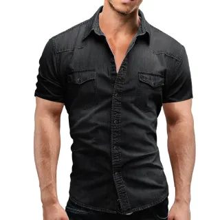 Vestuário Jeans Masculino Verão Camisa Manga Curta Algodão Macio Slim - Azul Claro