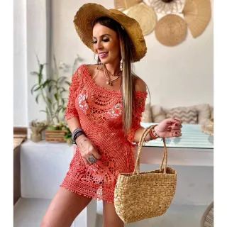 Moda Praiana Vestido Branco Crochê Boho Hippie - Azul Celeste