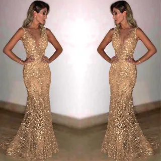 Vestido Longo De Noite Sequined Sexy Deep V Novo Estilo 2023