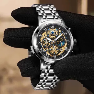 Relógio Automático LIGE Masculino - Moda Negócios Cronógrafos - Ouro Prata Preto + caixa