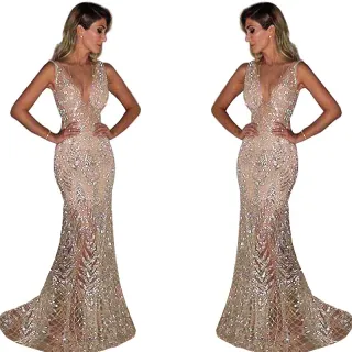 Vestido Longo De Noite Sequined Sexy Deep V Novo Estilo 2023 - Ouro