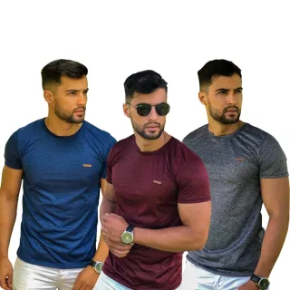 Leve Kit 3 Camisas Masculina Treino Academia - Camiseta Blusa - Marinho+Marrom+Cinza