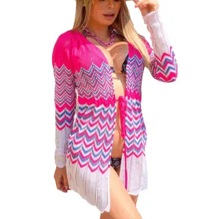 Manga Longa Tricot Rendado Efeitos Cores Lindas Saída de Praia - Rose