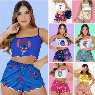 Luxo Cropped Personagens Verão Baby Doll Pijama Alçinha - Alçinha Lilo Galaxia Helanca