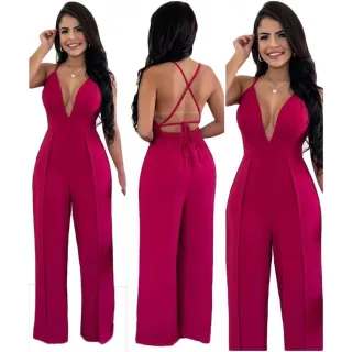 Macacão Social Feminino Decotado Alcinha Pantalona com 2 Fendas - AGUA