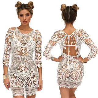 Moda Praiana Vestido Branco Crochê Boho Hippie - Azul Celeste